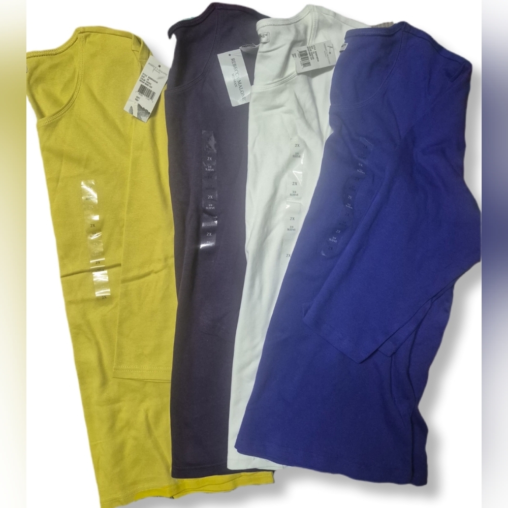 NWT Rebecca Malone Lot Of 4 Women's Solid Color 3/4 Sleeve Plus Size Cotton Tops